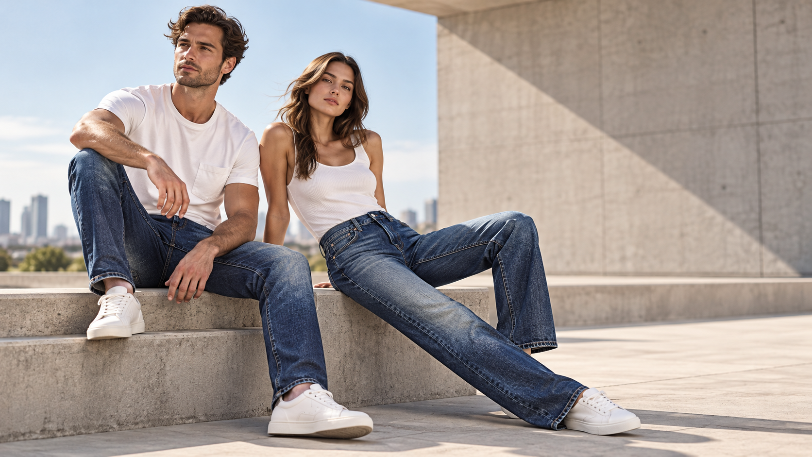 Model pria dan wanita memakai koleksi denim DENIM DISTRICT